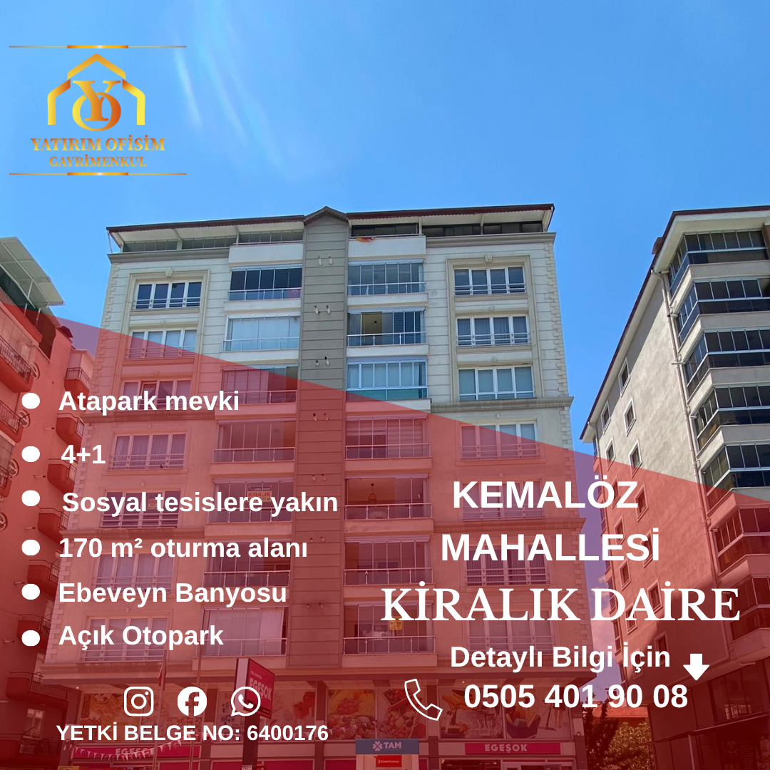 KİRALIK KEMALÖZ MAH. ATAPARK MEVKİ CAM BALKONLU 4+1 GENİŞ DAİRE!